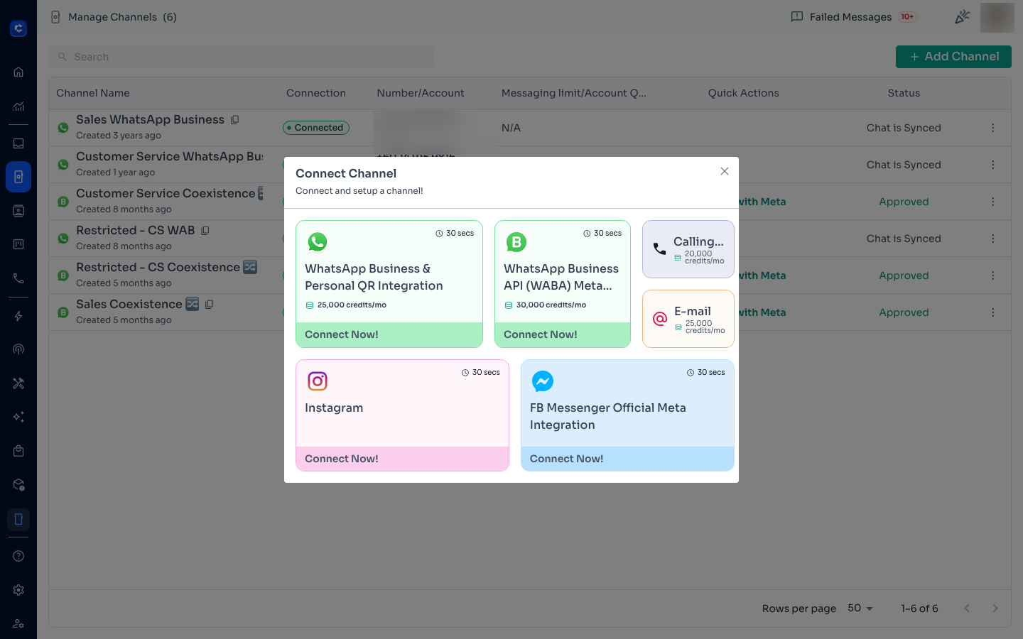 The Connect Channel picker — choose the account type to connect