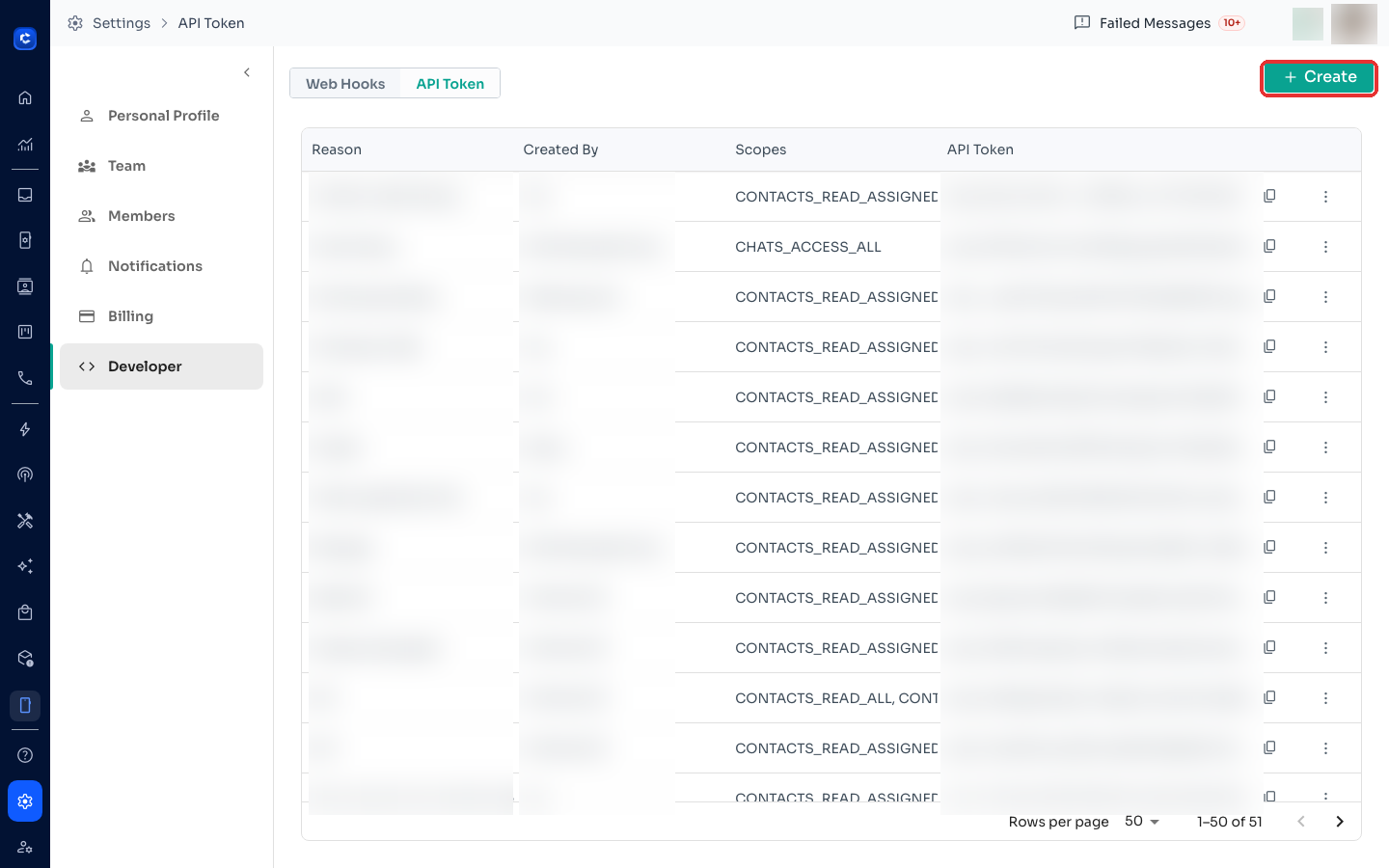 Click + Create and set a reason and scopes