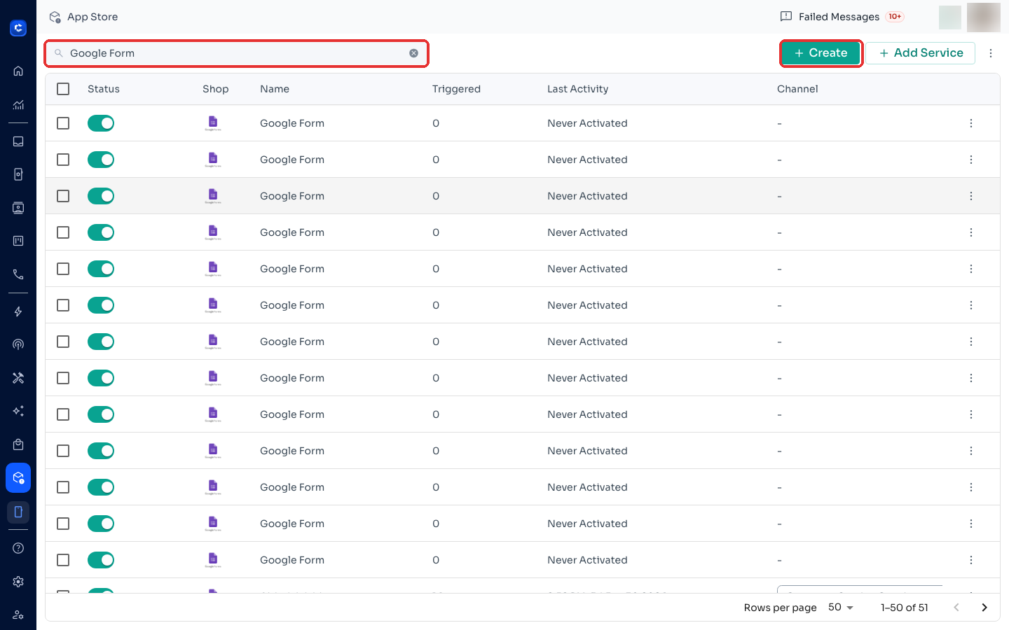 App Store (left sidebar) → search "Google Form" → + Create to add the integration