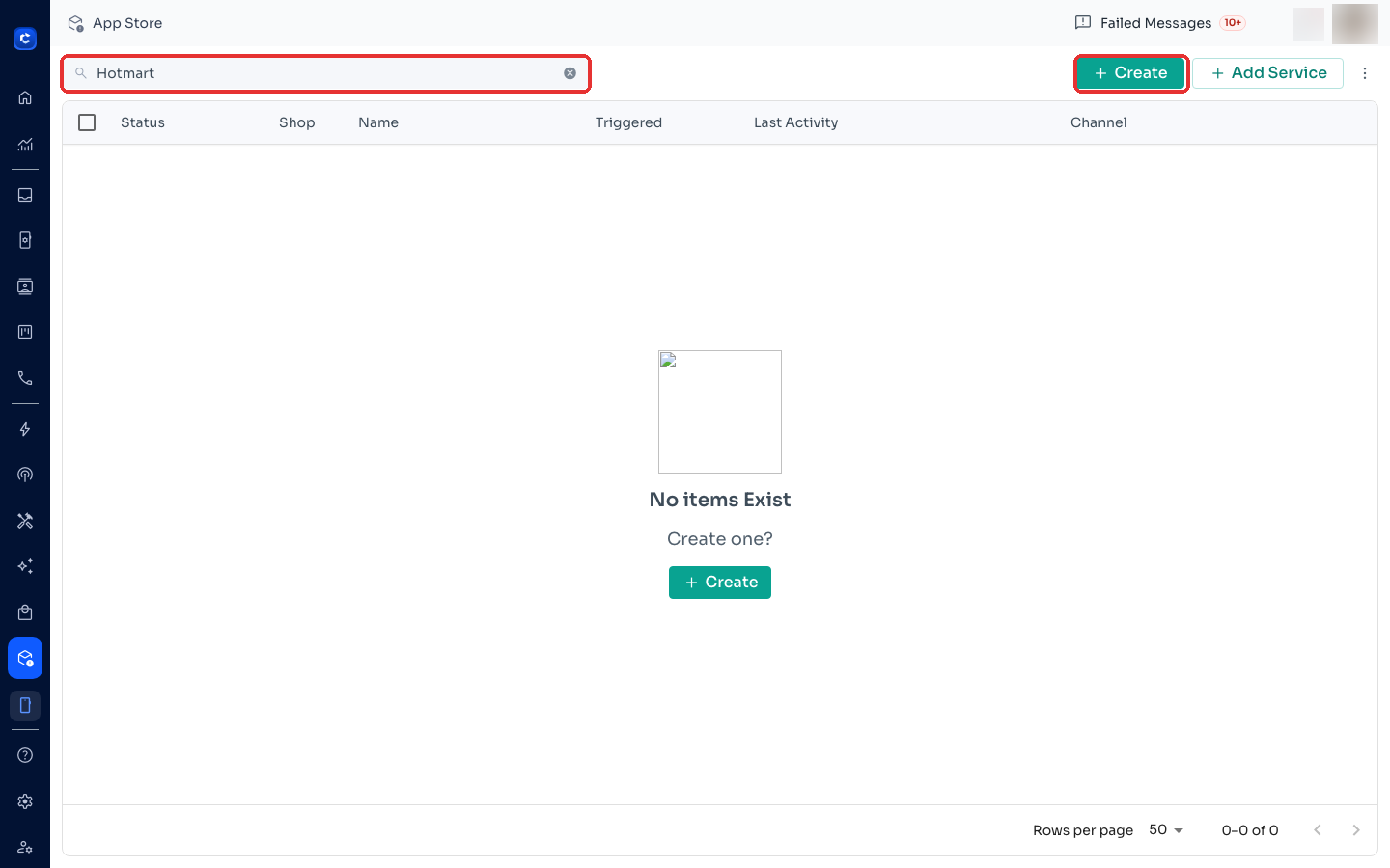 App Store → search "Hotmart" → + Create to start the integration
