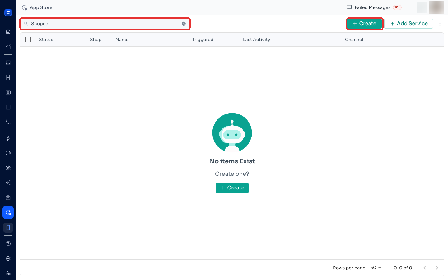 App Store (left sidebar) → search "Shopee" → + Create / Add Service