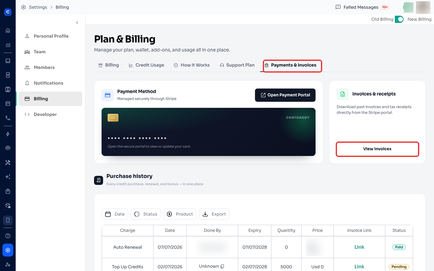 Payments & Invoices tab → Open Payment Portal to update your card