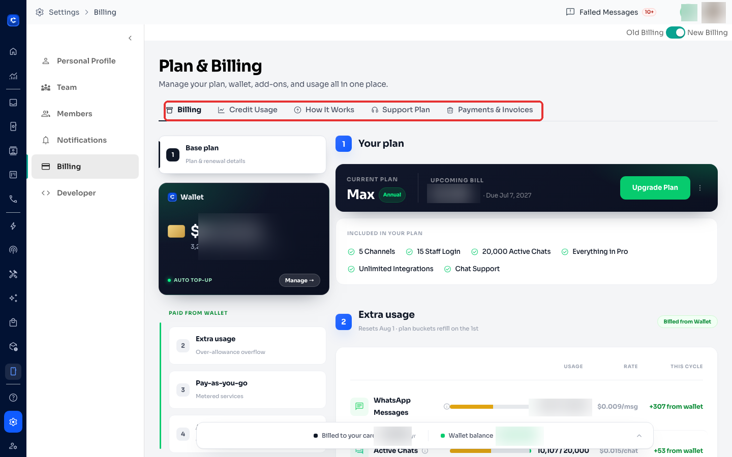 Settings → Billing — Billing, Credit Usage, How It Works, Support Plan, and Payments & Invoices tabs