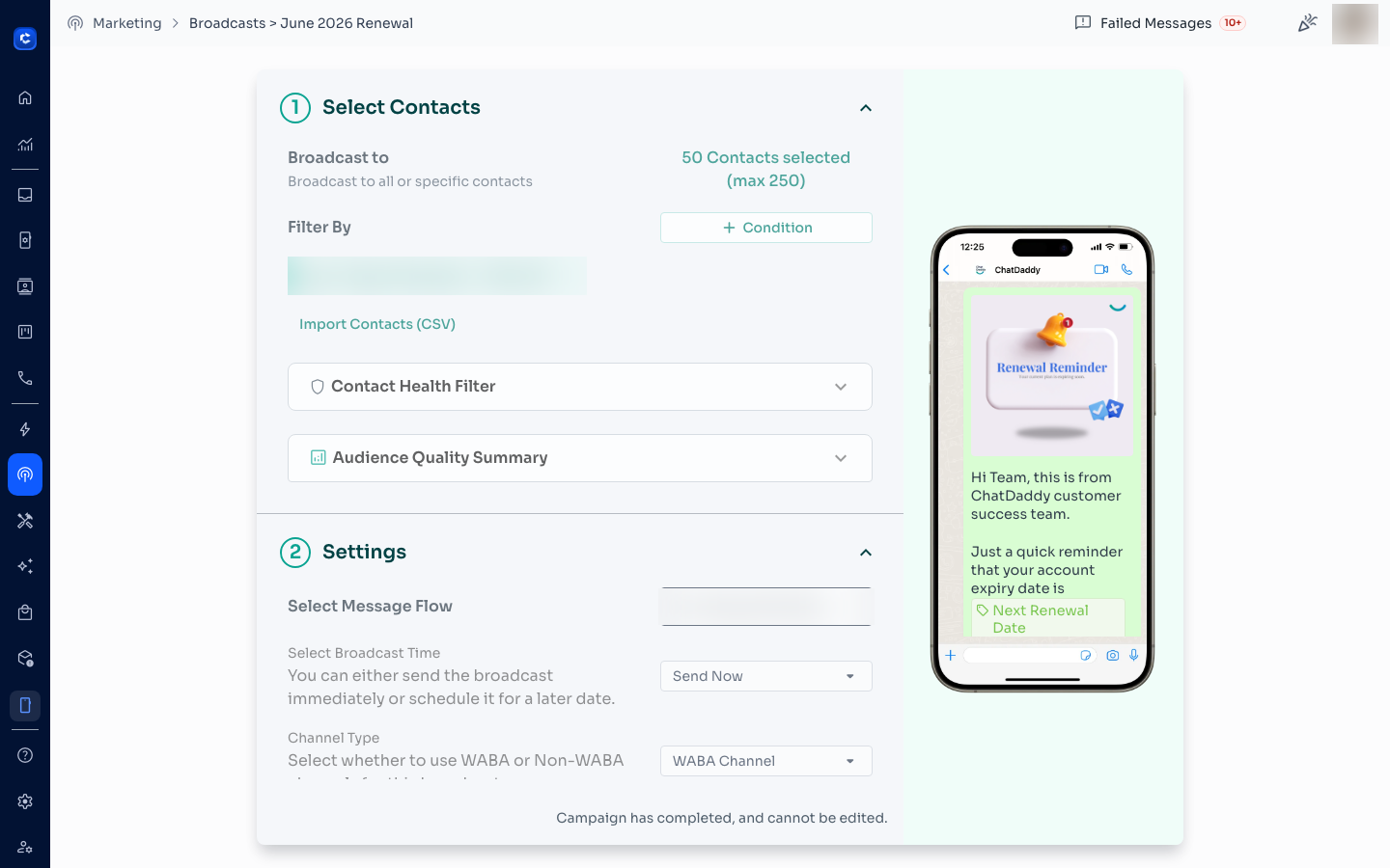 The broadcast details page — recipients, settings, message flow and preview