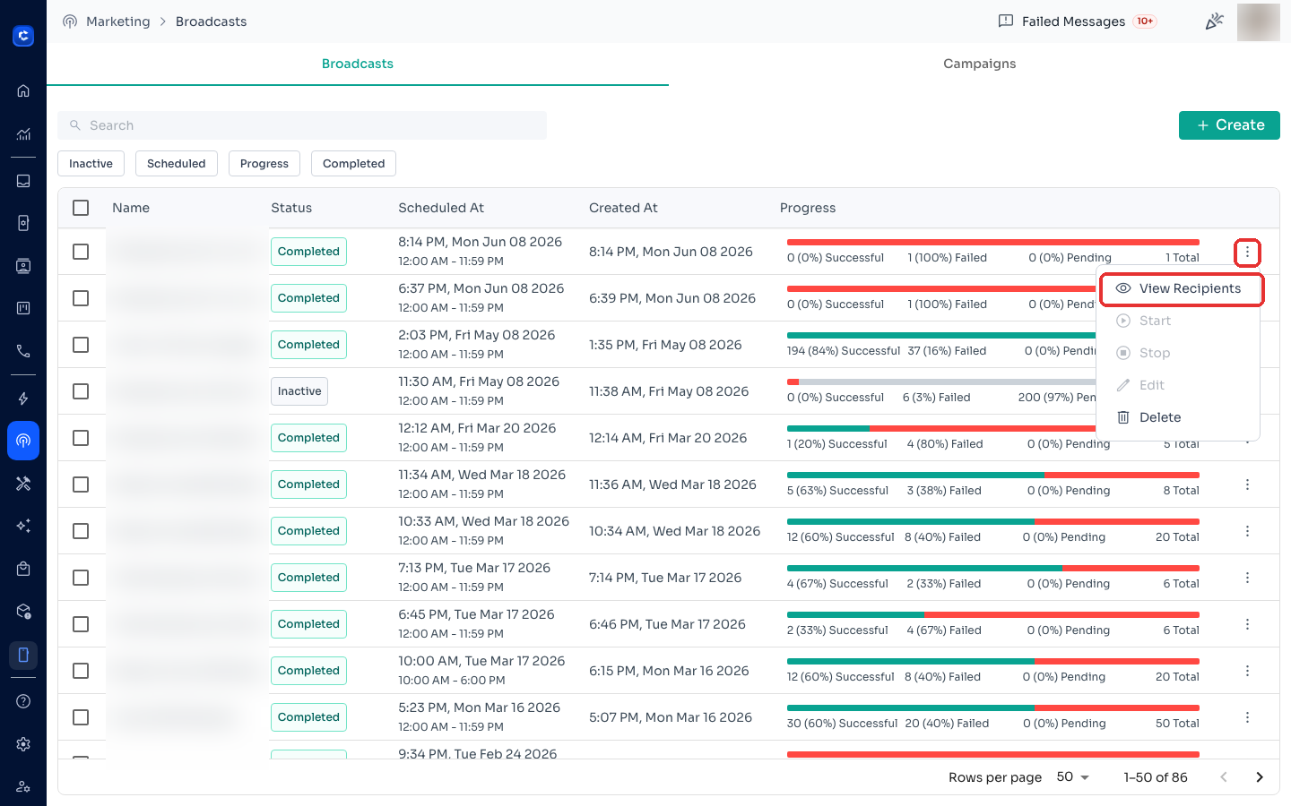 ⋮ menu → View Recipients shows per-contact delivery status