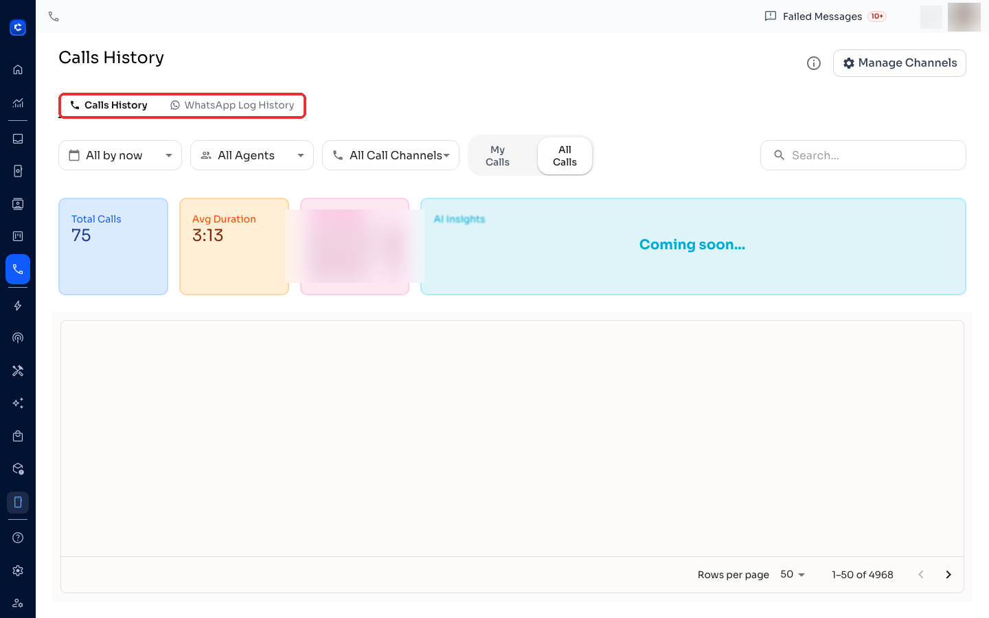 Calls page → WhatsApp Log History tab shows message/call log history