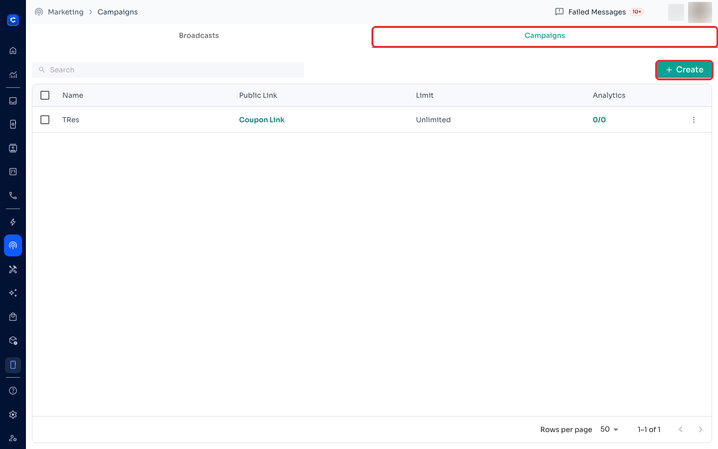 Marketing → Campaigns tab — Create generates a coupon campaign with a public link and analytics