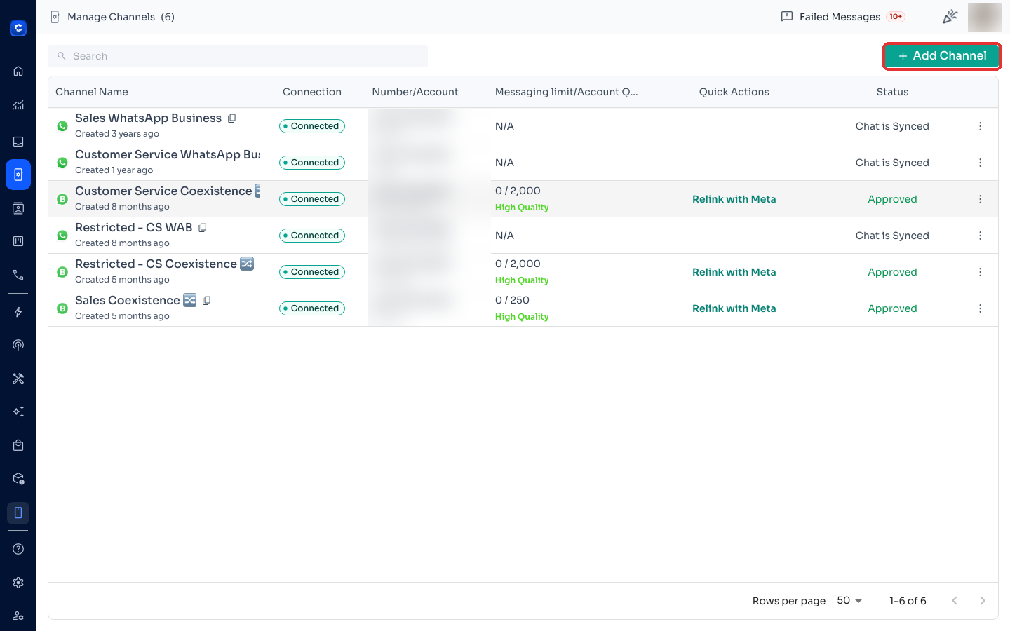 The Manage Channels page — click + Add Channel to connect a new account