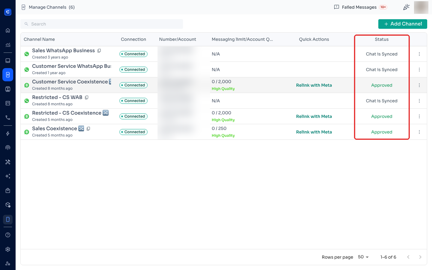 Manage Channels → check the Status column for your channel
