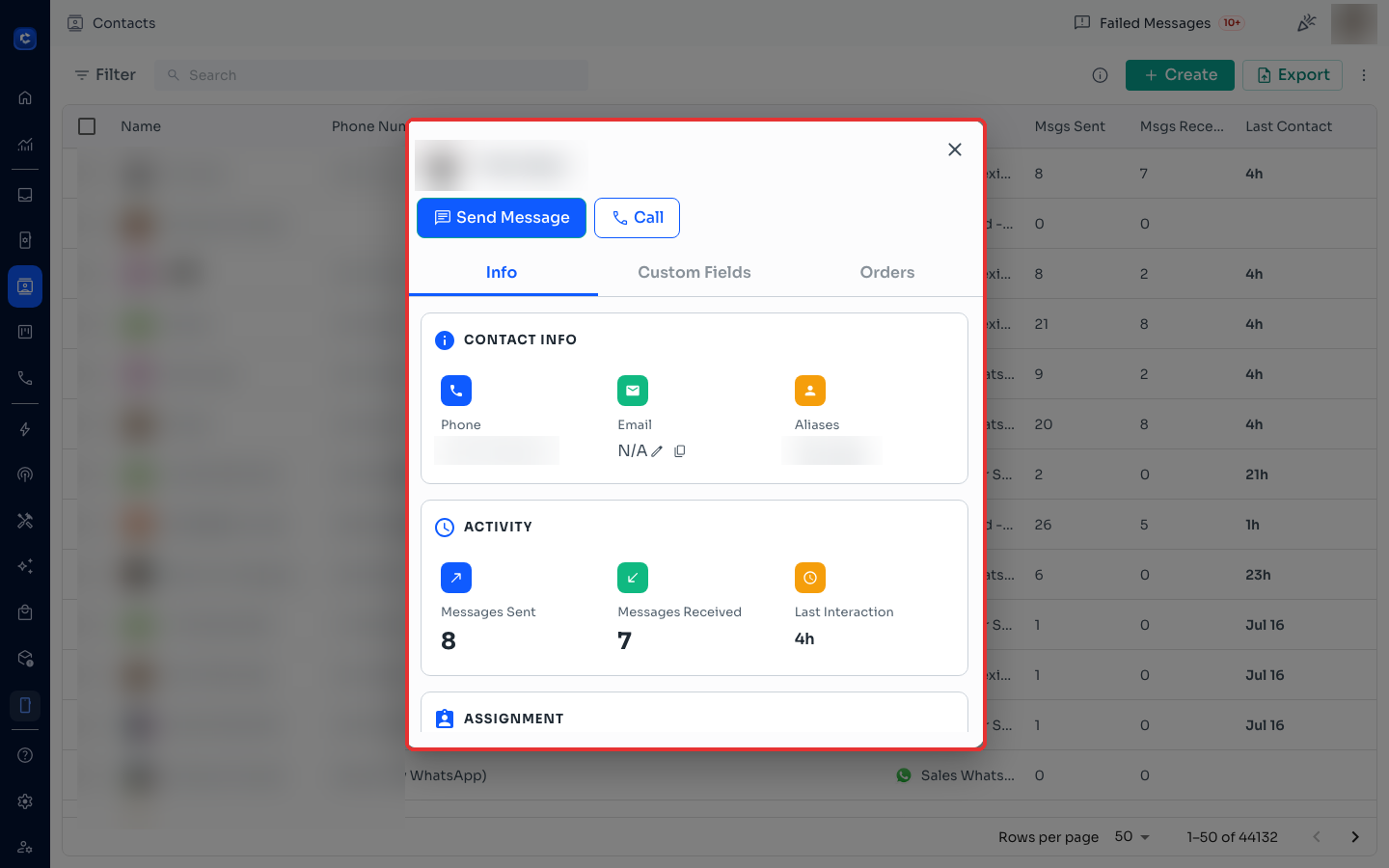 Click a contact to open their profile panel