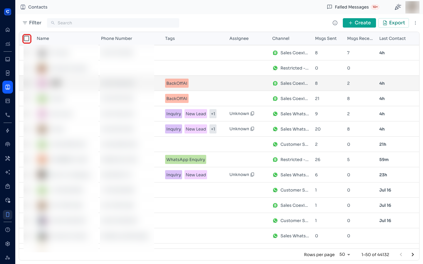 Tick the header checkbox to select all contacts