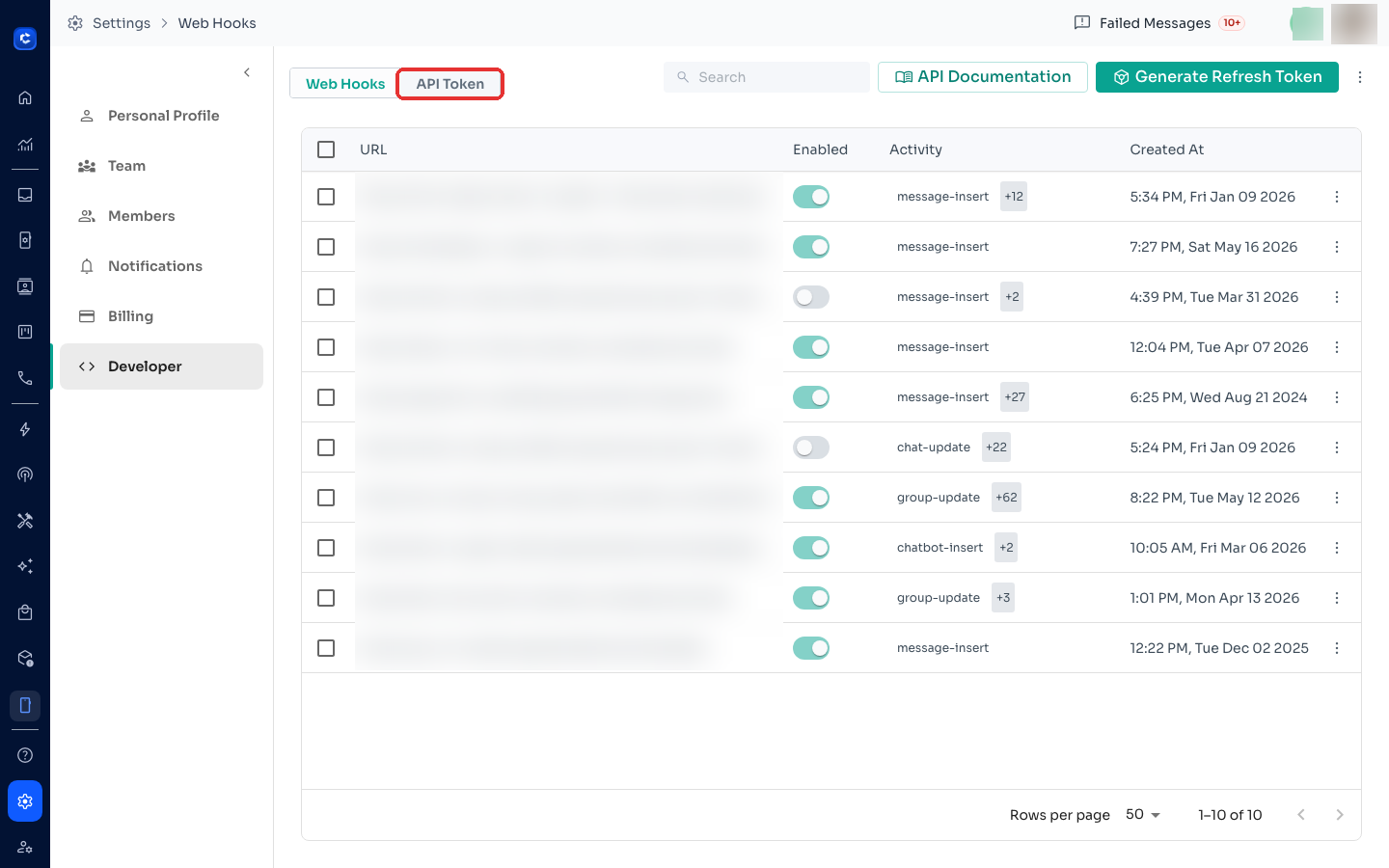 Settings → Developer → API Token tab