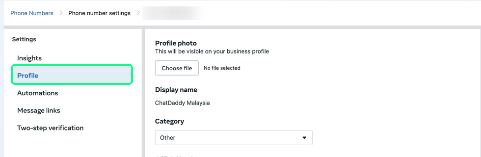 Open the Profile tab in your phone number settings to edit photo, name, category and description