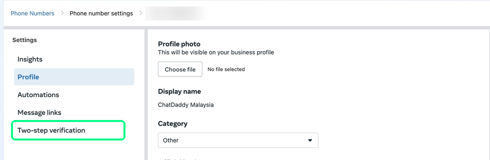 Select Two-step verification in the left menu of your phone number settings