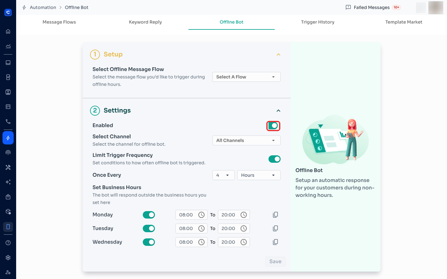 Automation → Offline Bot — the Enabled toggle turns the bot off entirely
