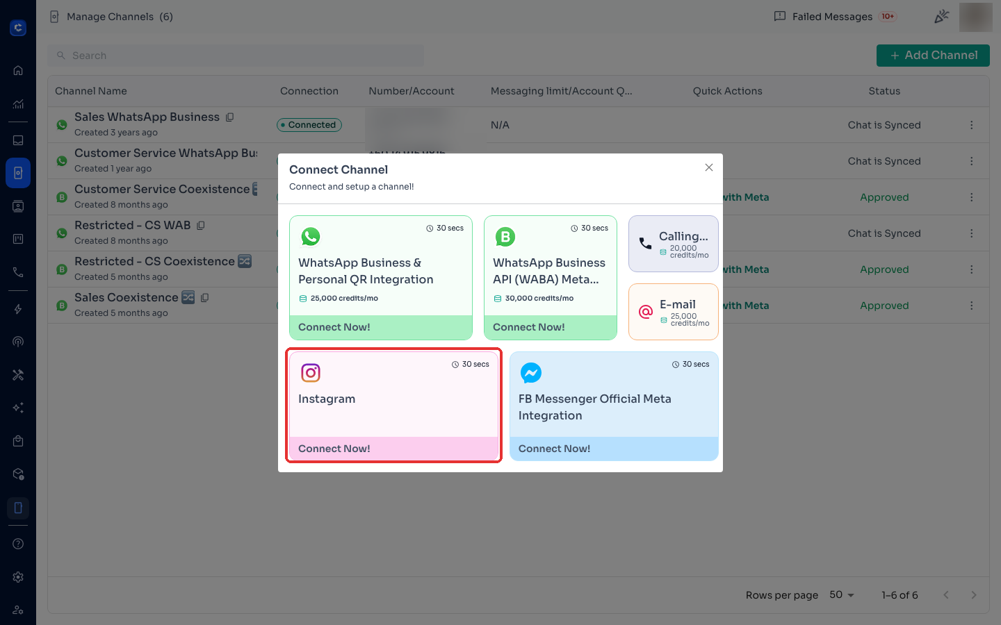 Manage Channels → + Add Channel → Instagram