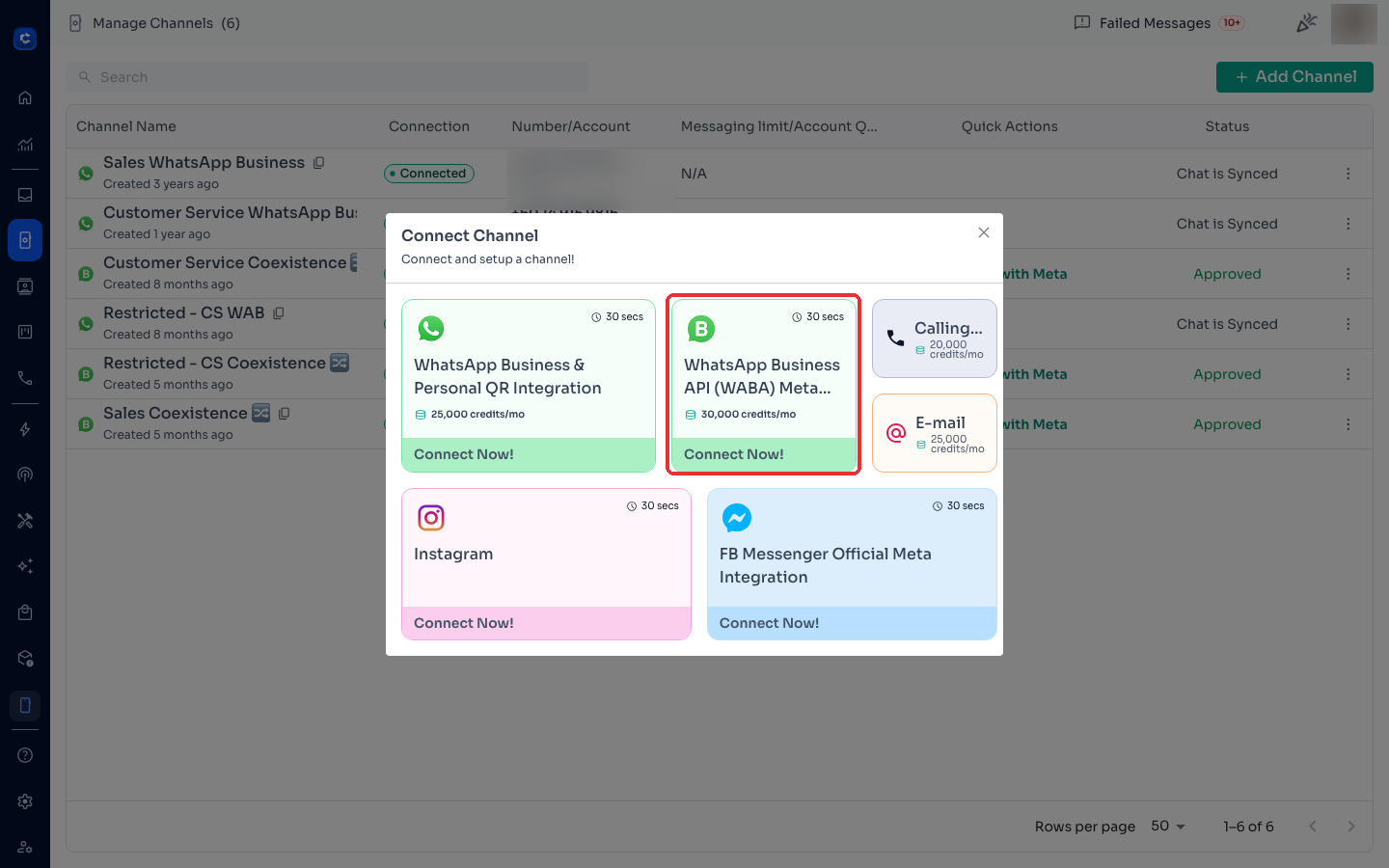Coexistence is set up via Add Channel → WhatsApp Business API (WABA) Meta Integration
