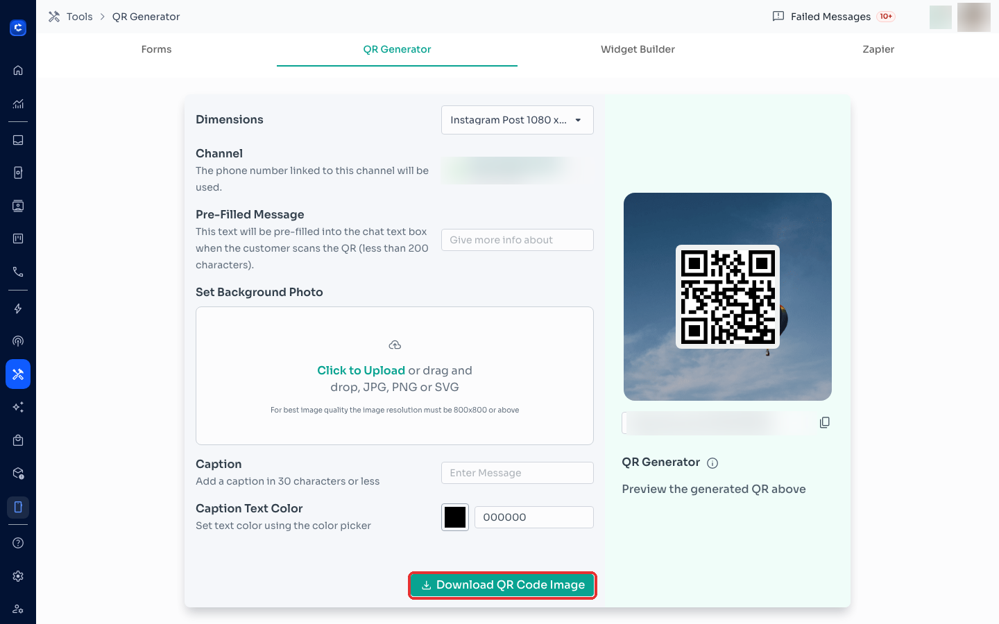 Tools → QR Generator — pick the channel, set a pre-filled message, then Download QR Code Image