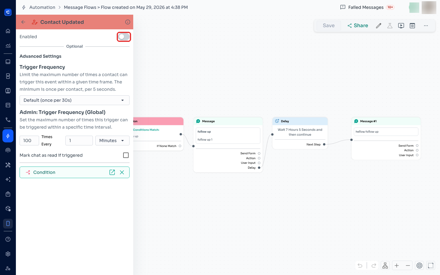 The trigger config panel — enable it and set frequency