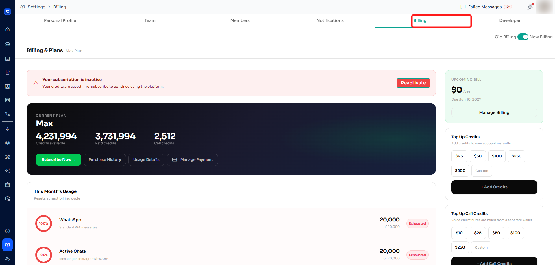 Click the "Billing" tab.