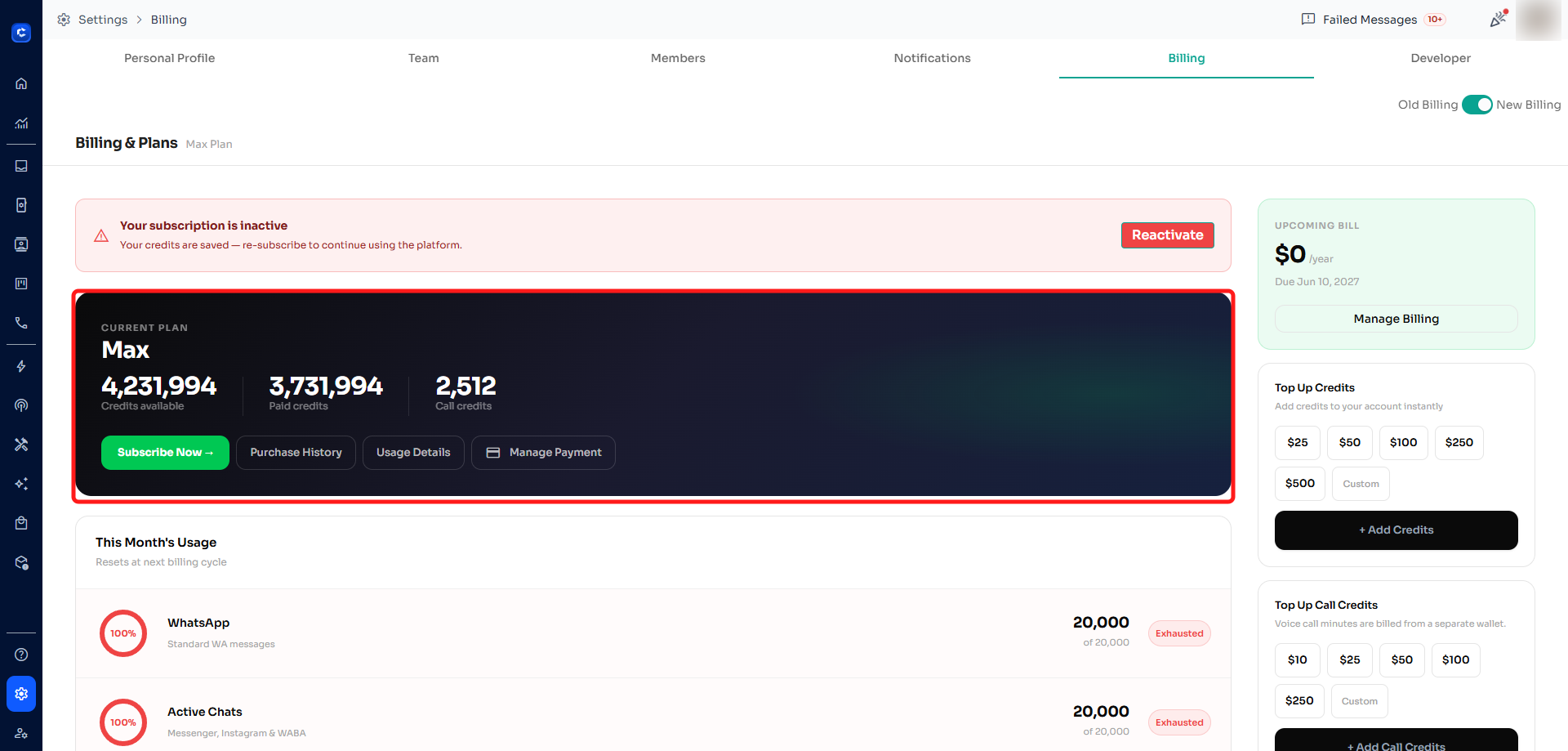 Your current plan and available credits are shown in the CURRENT PLAN card.