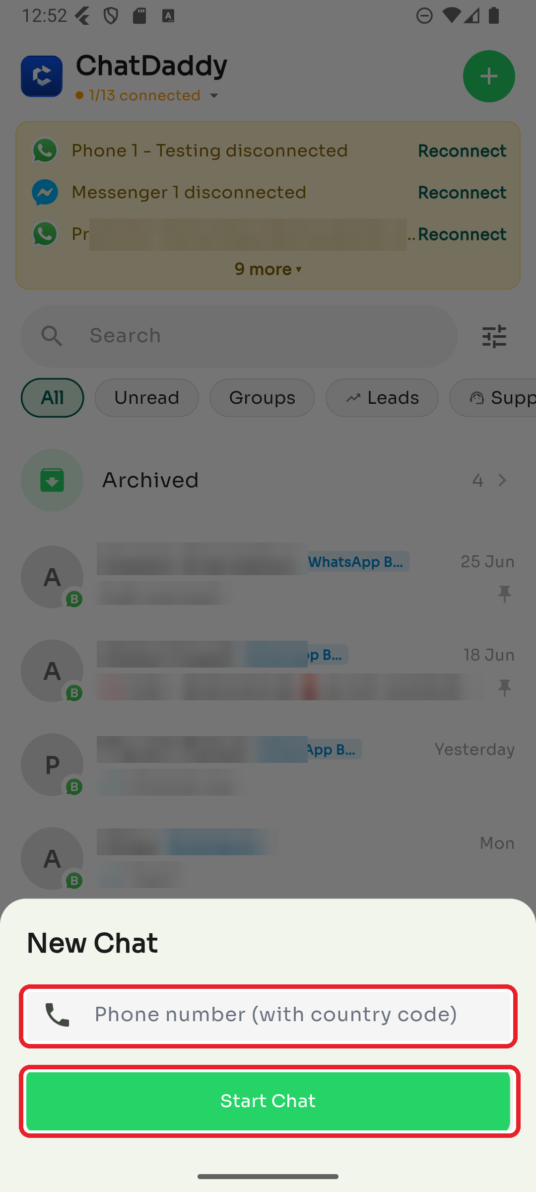 Enter the number and tap Start Chat