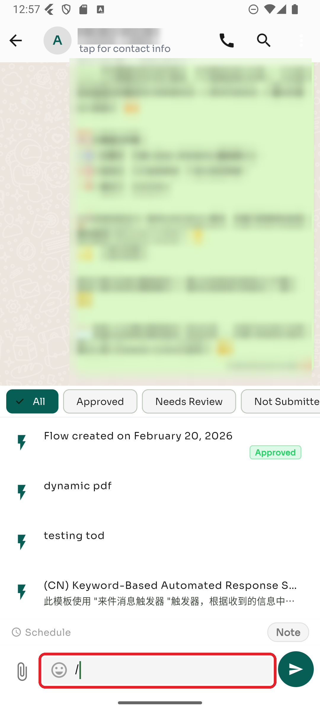 Type a slash in the message box to open the automations list