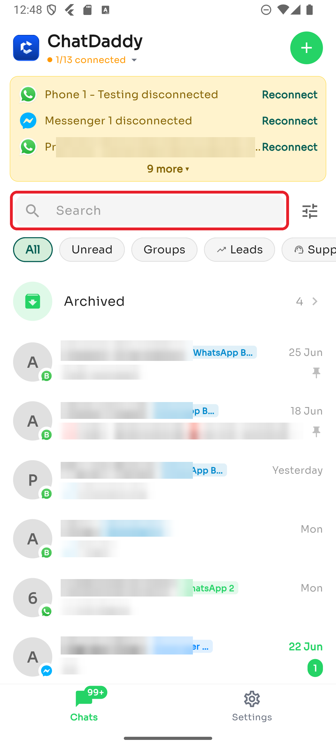Tap the search bar to find a chat