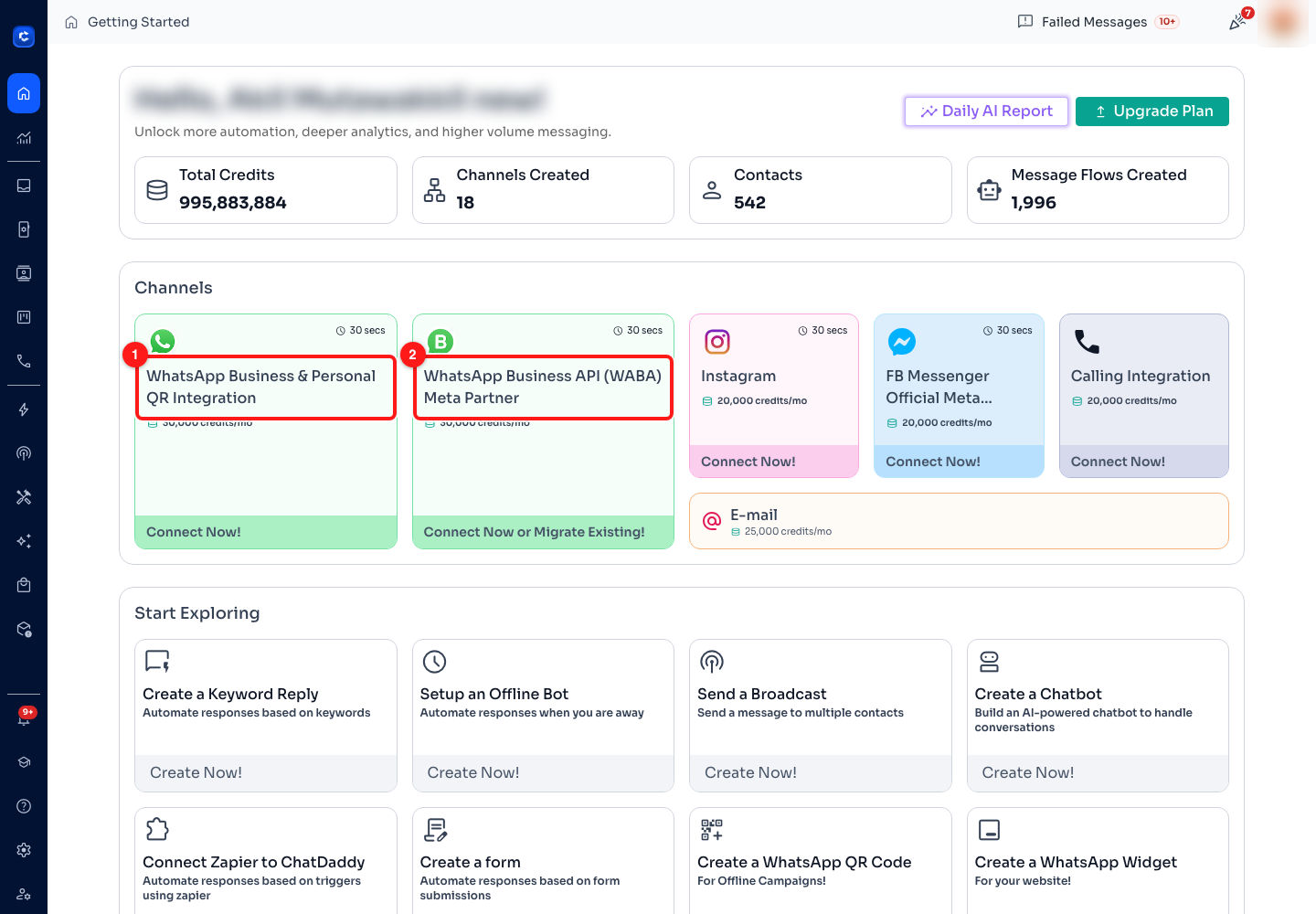Step 3 — (1) QR integration for a personal or Business-app number, (2) the official WhatsApp Business API through ChatDaddy as a Meta partner.