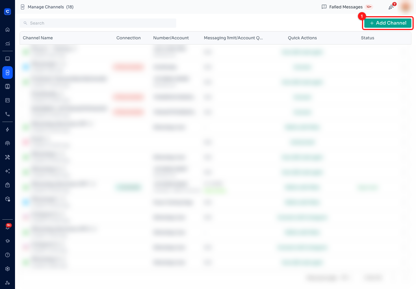 Step 4 — (1) Add Channel. Channel names and numbers are blurred here; on your own screen you will see each one in full.