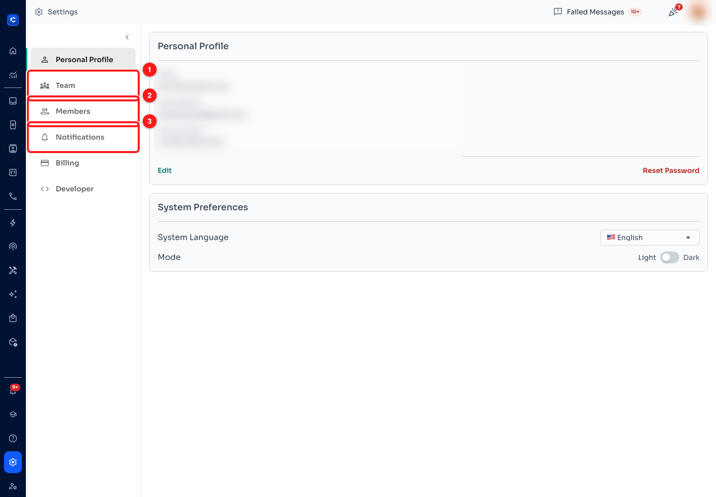 Step 5 — (1) Team, (2) Members, (3) Notifications. Personal details are blurred.
