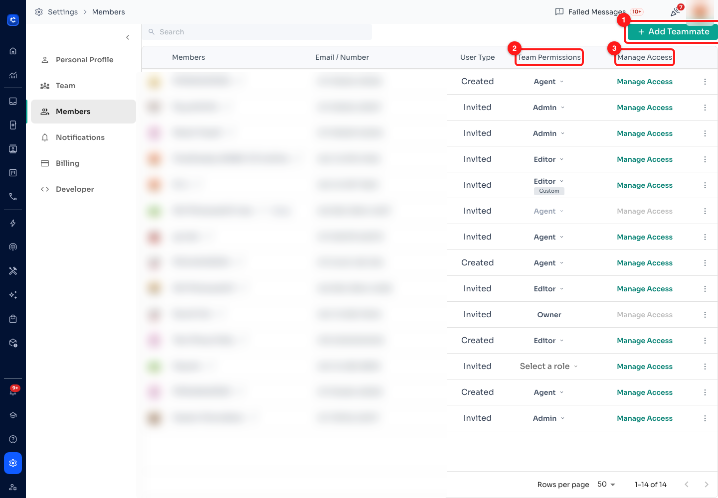 Step 6 — (1) Add Teammate, (2) the role on each row, (3) Manage Access for per-person fine-tuning. Names and phone numbers are blurred.