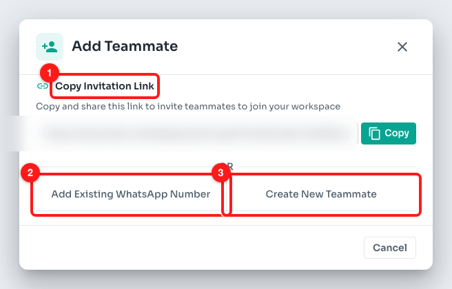 Step 7 — (1) a shareable invitation link, (2) add an existing WhatsApp number, (3) create the account yourself. The live invite link is blurred.