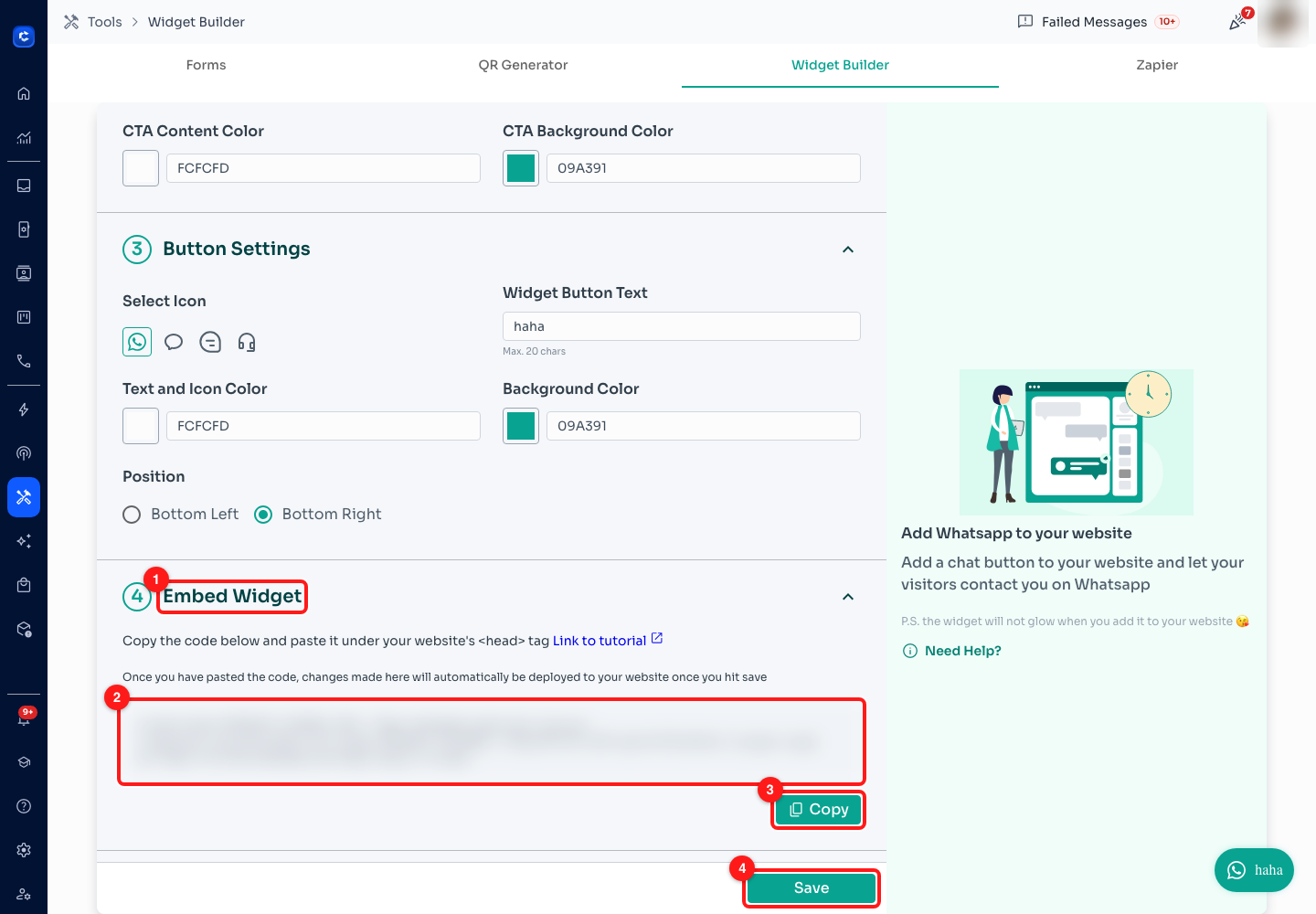 Step 4 — (1) the Embed Widget section, (2) the snippet, frosted here because it carries this workspace's team id, (3) Copy, (4) Save.