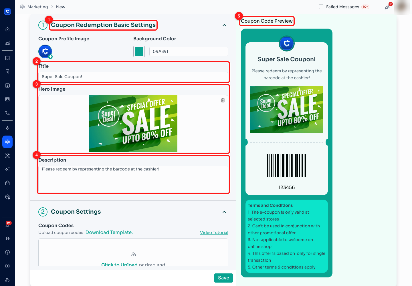 Step 7 — (1) section 1, Coupon Redemption Basic Settings, (2) Title, (3) Hero Image, (4) Description, (5) the live preview of the coupon itself.