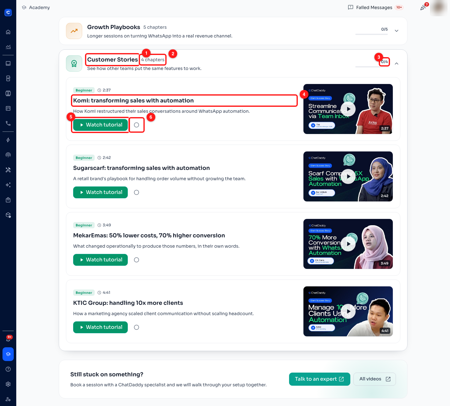 Step 1 — (1) the module, (2) it holds four chapters, (3) your progress through them, (4) the first interview, (5) Watch tutorial plays it without leaving ChatDaddy, (6) the circle marks a lesson watched.