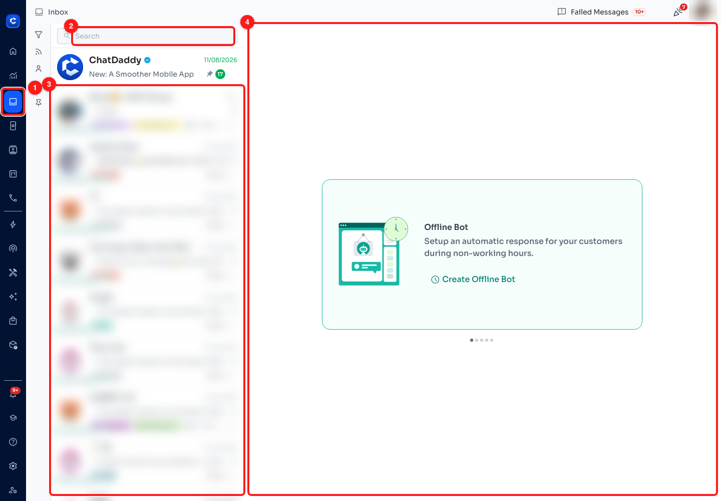 Step 4 — (1) Inbox in the left rail, (2) search across conversations, (3) the shared conversation list, (4) the reading pane, shown here with nothing selected. Every conversation in the list is blurred — it is live customer traffic.