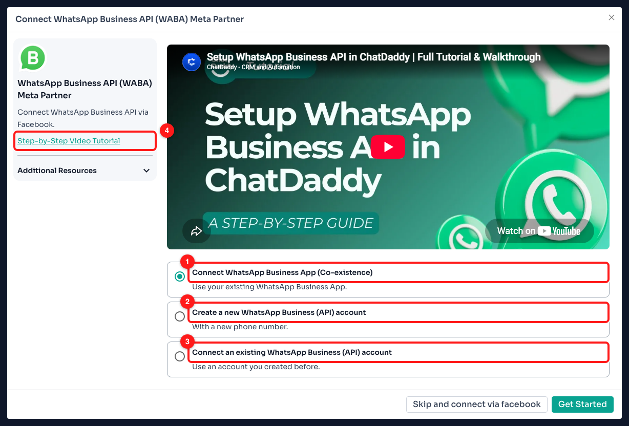 Step 5 — (1) Coexistence, (2) create a new API account, (3) connect an API account you already have, (4) the video walkthrough of this same wizard.