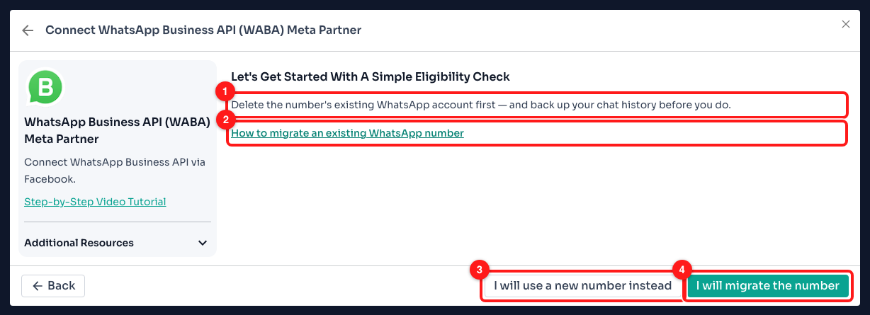 Step 8 — (1) delete the existing WhatsApp account first, (2) the full migration guide, (3) back out and use a different number, (4) go ahead with the migration.