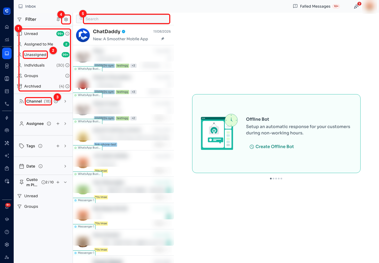 Step 1 — (1) the folders, (2) Unassigned, (3) filter by channel, (4) the Inbox Settings cog, (5) search. Contact names, message previews and avatars are blurred throughout this article.