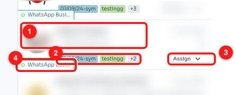 Step 2 — one row, close up: (1) who and what they last said, (2) the tags on the chat, (3) the assignee, (4) which channel it arrived on.