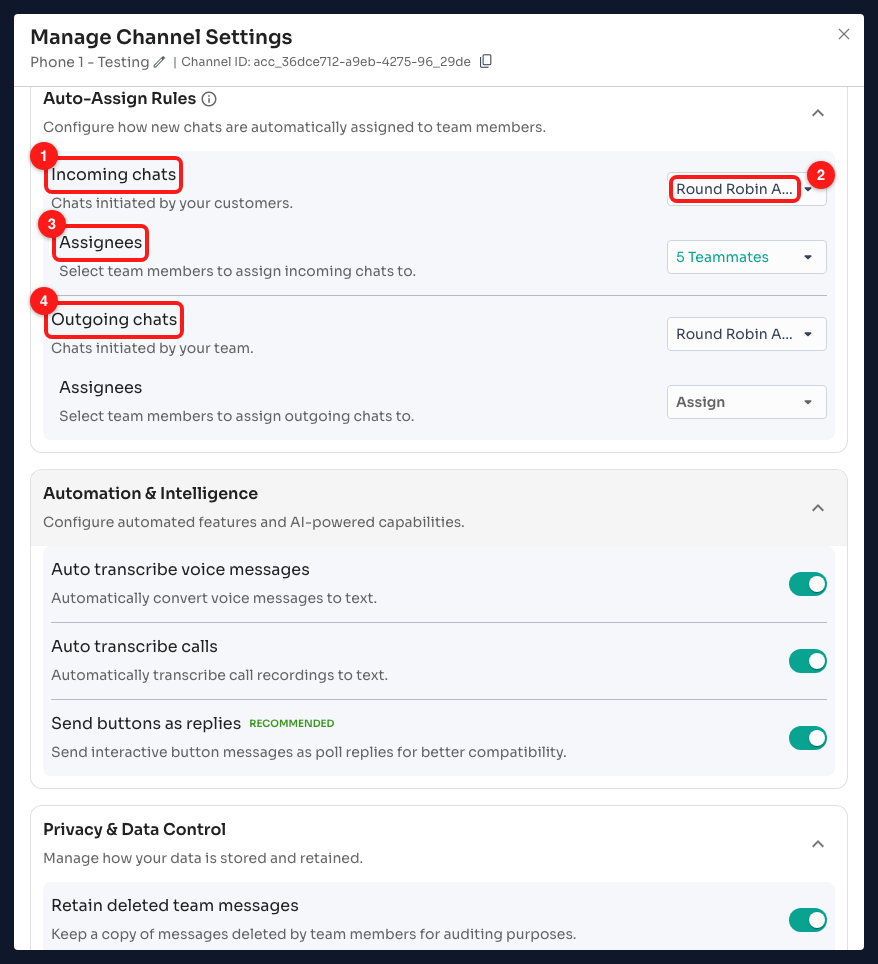 Step 7 — (1) rules for incoming chats, (2) the assignment method, (3) which teammates are in the rotation, (4) the same settings for outgoing chats. The channel name and ID are blurred.