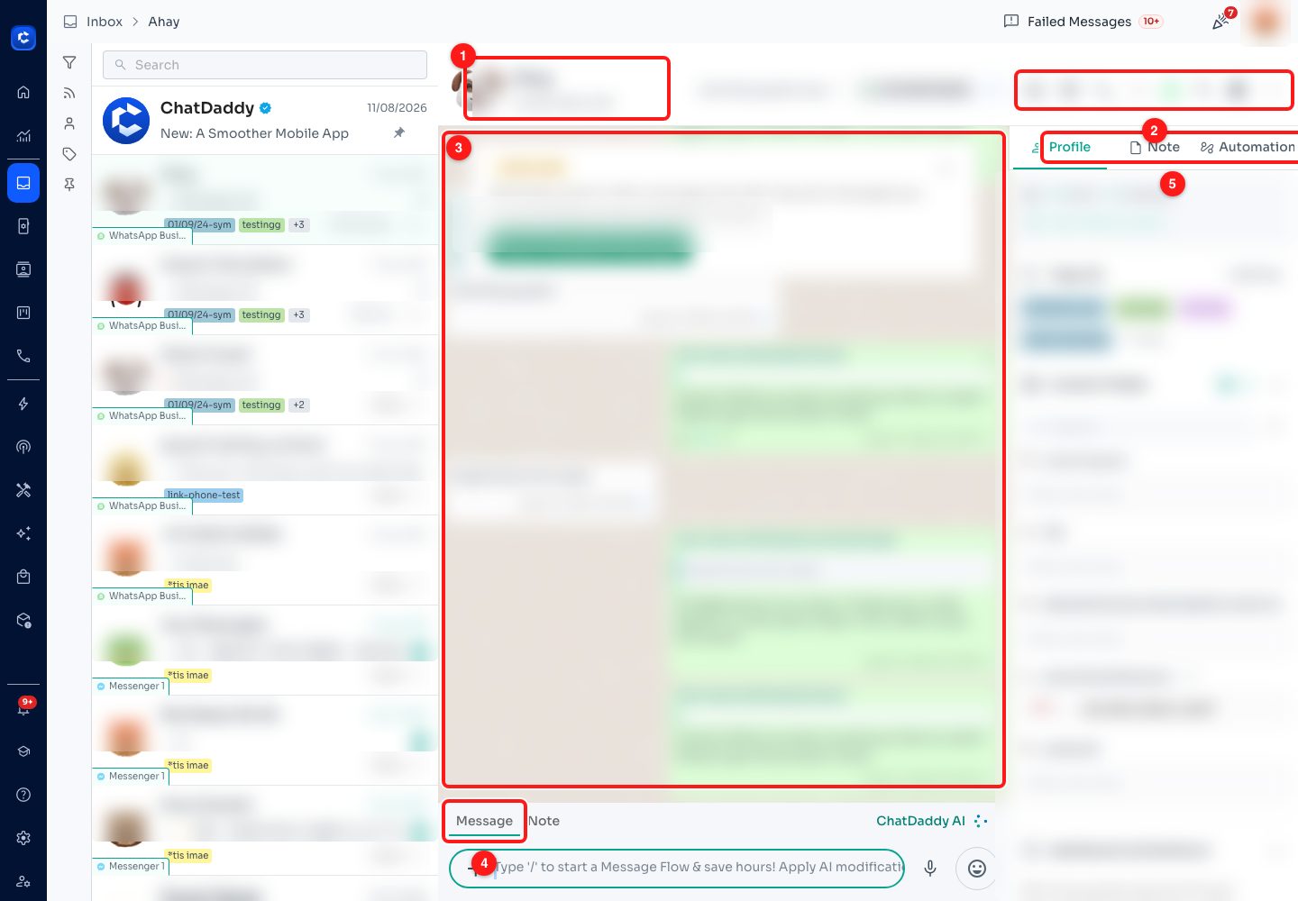 Step 3 — (1) who you are talking to, (2) the chat actions, (3) the message thread, (4) the composer tabs, (5) the profile panel tabs.