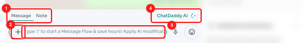 Step 8 — (1) the Message and Note tabs, (2) attachments, (3) the message field and its "/" hint, (4) ChatDaddy AI.