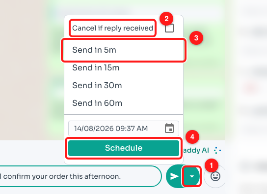 Step 10 — (1) the arrow beside Send, (2) cancel if they reply first, (3) the quick delays, (4) pick an exact date and time.