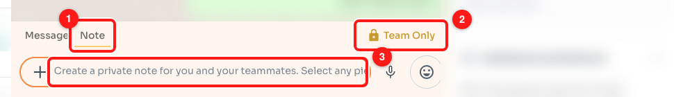 Step 11 — (1) the Note tab, (2) the Team Only lock, (3) the note field.