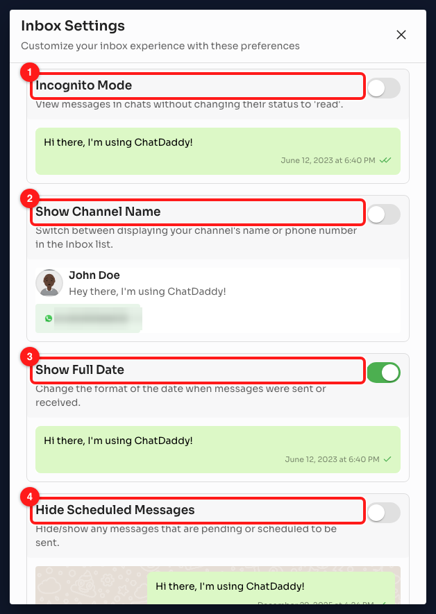 Step 12 — (1) Incognito Mode, (2) Show Channel Name, (3) Show Full Date, (4) Hide Scheduled Messages.