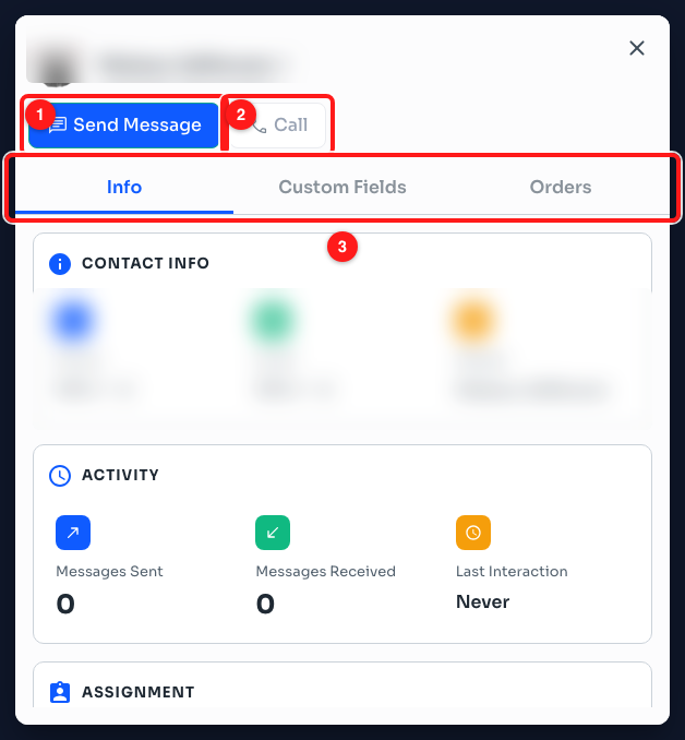 Step 5 — (1) Send Message opens the chat in the Inbox, (2) Call dials the contact, (3) the record's tabs. The name and contact details are blurred.