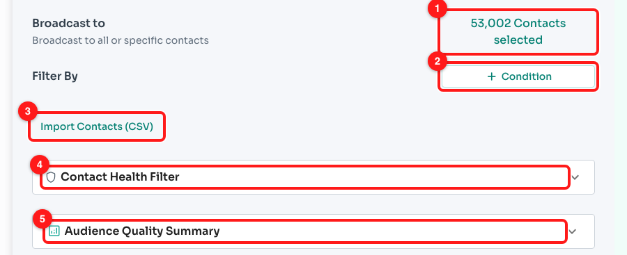 Step 4 — (1) the live recipient count, (2) add a filter condition, (3) import a list from CSV, (4) Contact Health Filter, (5) Audience Quality Summary.