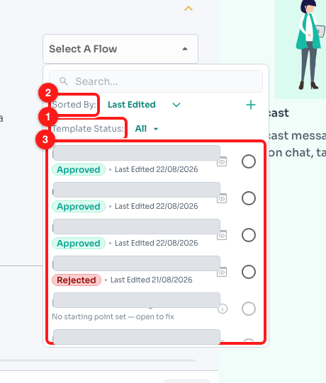 Step 8 — (1) the Template Status filter, (2) the sort control and the + that builds a new flow, (3) one flow in the list, with its own template status and the date it was last edited. The flow names themselves are masked — they are this workspace's real automations. The greyed fifth row is a flow that cannot be picked; see the callout below.